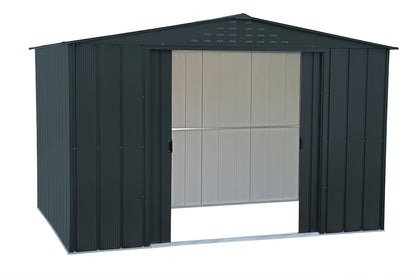 Grey metal shed, 3.12 x 2.34 m, with a strong metal roof and structure for more durability and safety from strong weather conditions.