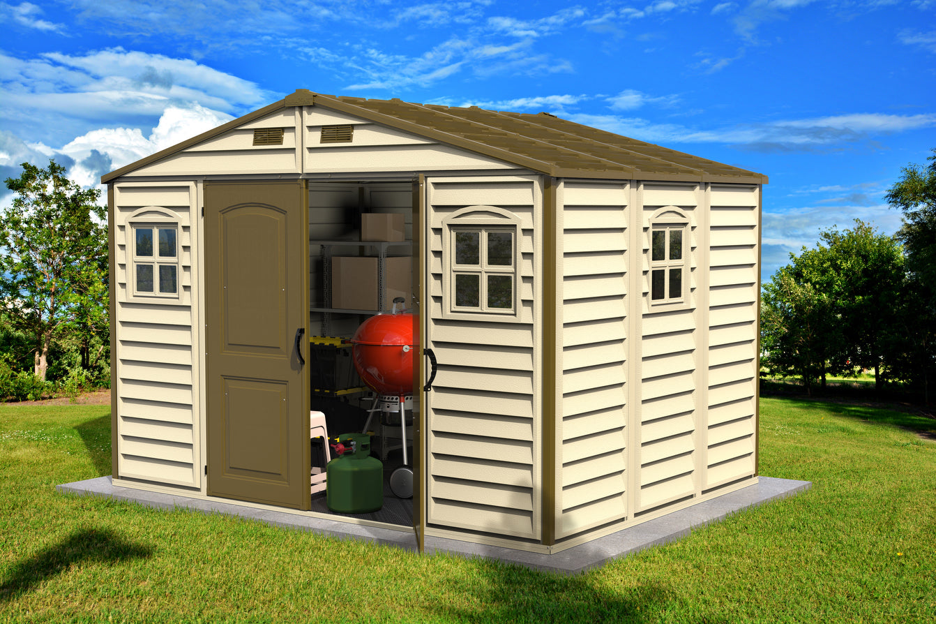 Plastic storage shed, 3.19 x 2.40 m with wall panels made from durable vinyl to avoid rot and dent. 