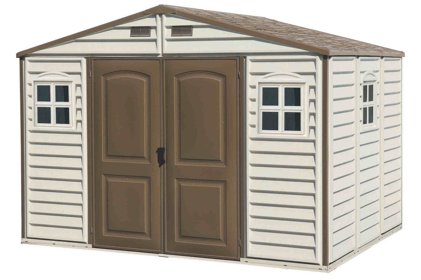 Duramax Woodside 3.19 x 2.40 m plastic storage shed for storing hardware and tools.  